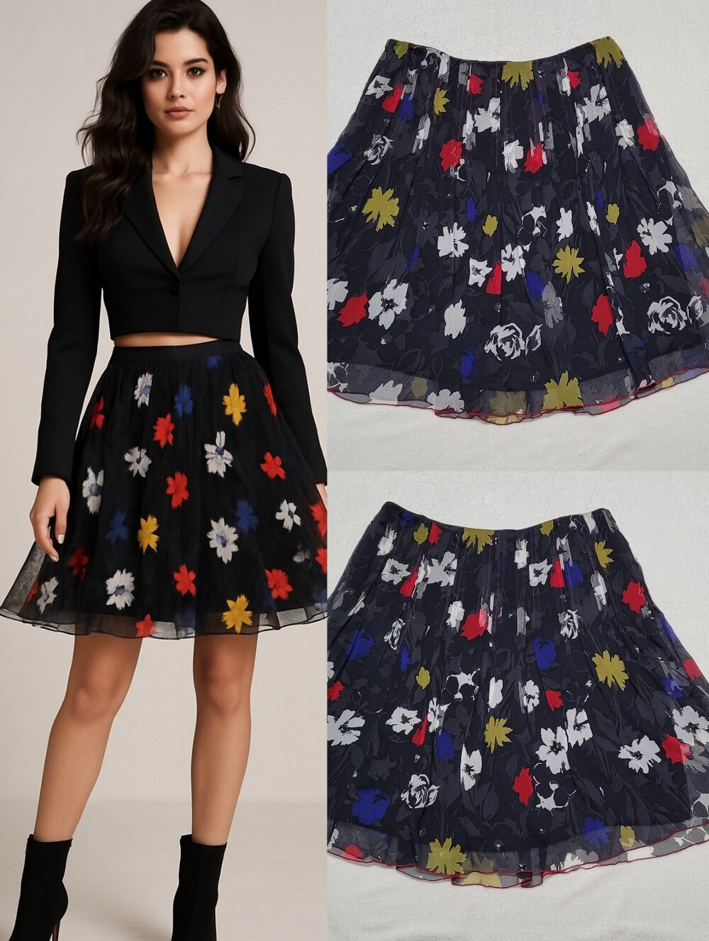 Whimsigoth Y2K Vintage Worth Multi-color Floral Silk Pleated Full Mini Skirt 14